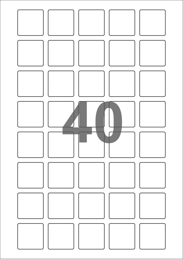 A4-40 kvad., 40 Stansade etiketter/ark, 30,0 x 30,0 mm, vit matt, 100 ark